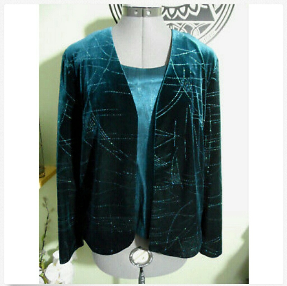 R&M RICHARDS Velvet 2-fer Cardigan Top 8P Teal LS